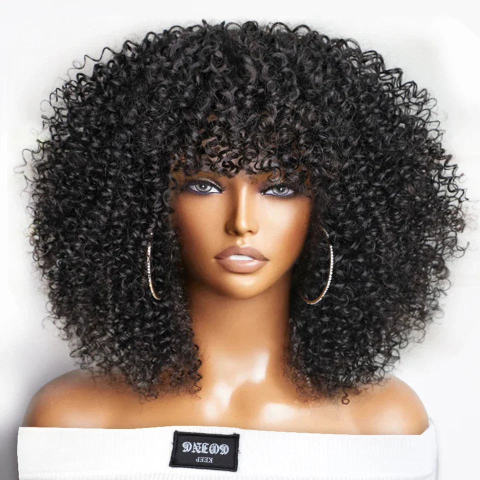 Short Afro Kinky Curly Wig With Bangs Brazilian Brown Highlight Glueless Full Machine Wig 250 Density Jerry Curl For Black Women