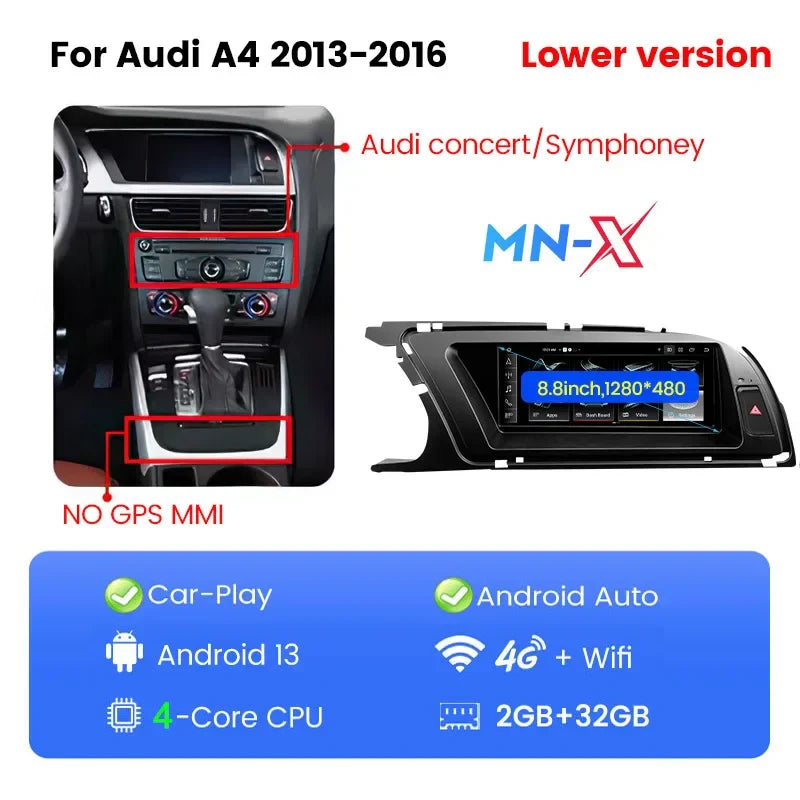 Android 13 CarPlay Auto Radio Intelligent System for Audi A4 B8 A5 2009 2010 - 2016 Car Multimedia Player Stereo GPS Navi Screen