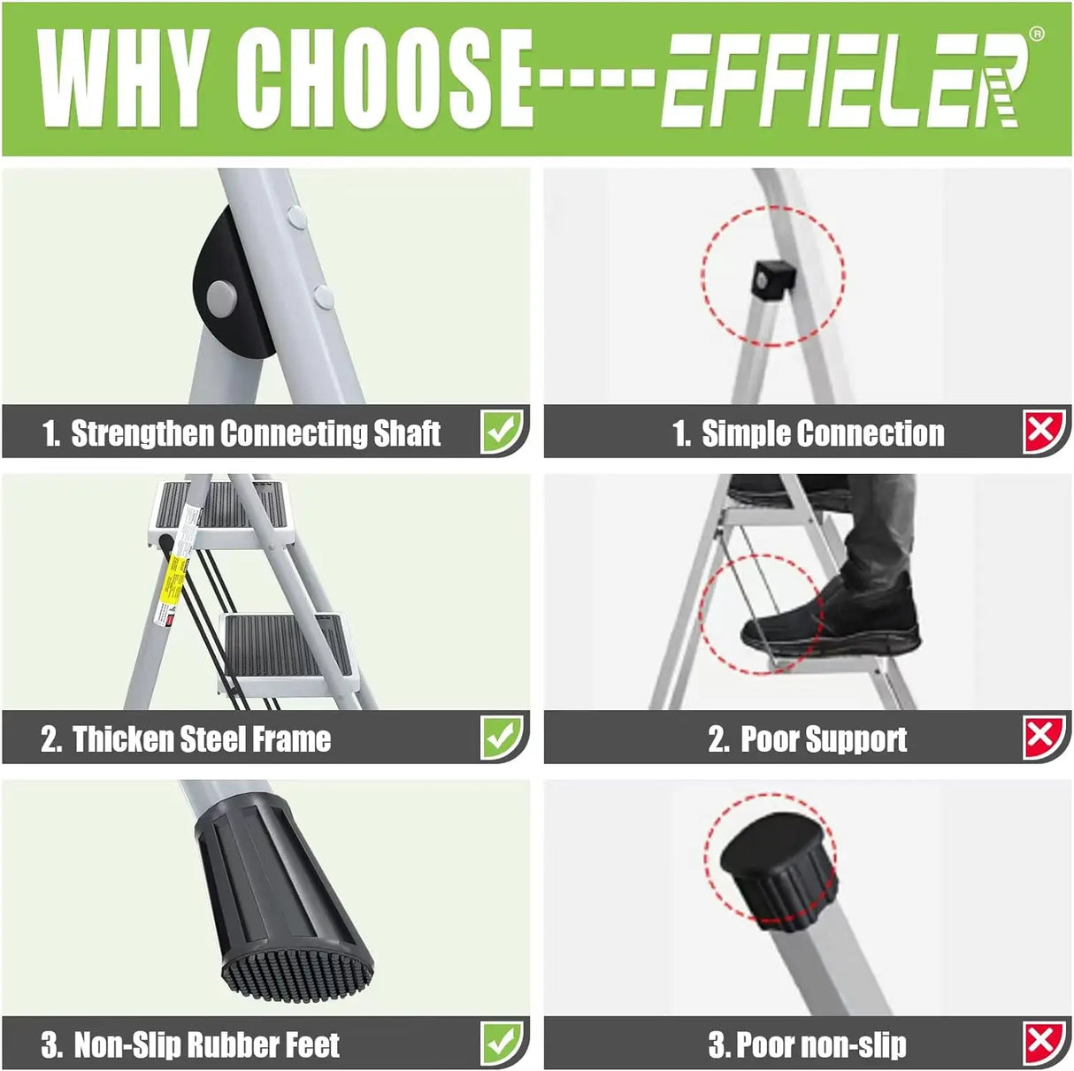 3 Step Ladder EFFIELER Folding Step Stool with Wide Anti-Slip Pedal, 500 lbs Sturdy Steel Ladder, Convenient Handgrip