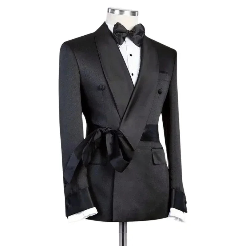 Double Breasted Suit Jacket for Men Wedding 2024 Shawl Lapel Slim Fit Groom Blazer with Belt 1 Pc Fashion Coat