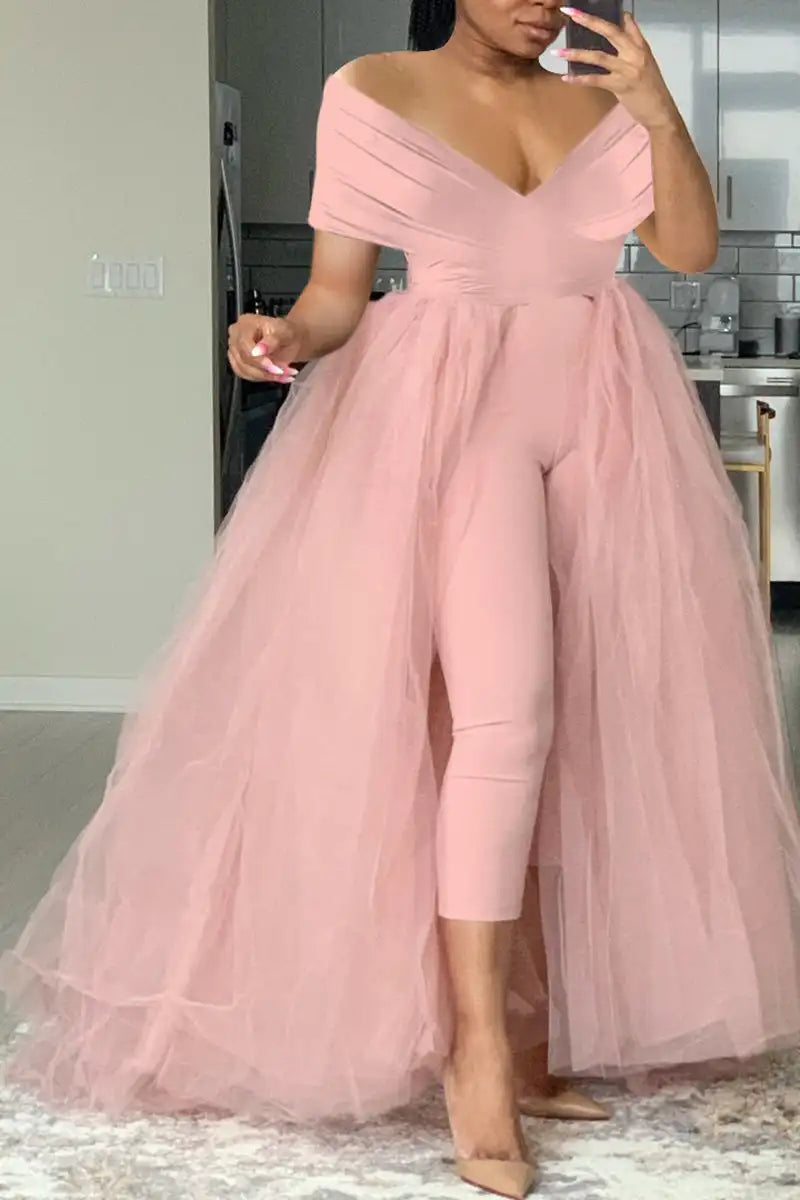 Plus Size Formal Casual One Piece Outfit Solid Off The Shoulder V Neck Tulle Jumpsuit (With Tulle Skirts)