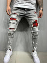 Distress Plaid Patch Holes Streetwear Ripped Skinny Jeans Men Biker Slim Elastic Denim Cargo Pants Y2K Pantalones Hombre Joggers