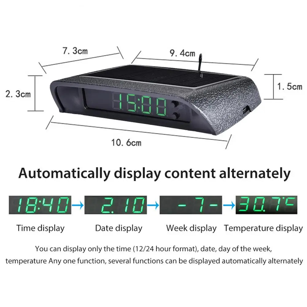 Car Clock Auto Internal Stick-On Digital Watch Solar Powered 24-Hour Car Clock With Builtin Battery Car Electronic Accessories