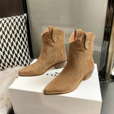 2023 Classic Western Boots for Woman Cow Suede Pointed toe Wedges Heel Ankle Boots Simple Comfortable Cowboy Boots Female