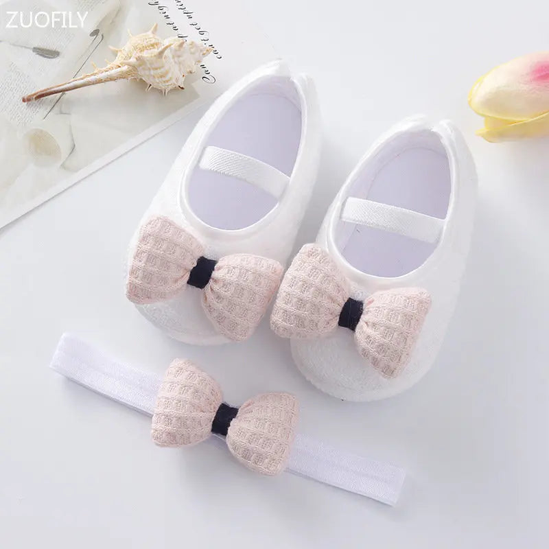 0~18M Cute Bowknot Newborn Baby Shoes Headband Set Anti Slip Toddler Infant First Walker Baby Girls Newborn Soft Sole Pink Shoes