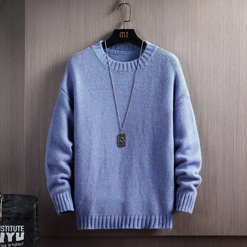 Man Clothes Thick No Hoodie Knitted Sweaters for Men Casual Pullovers Plain Solid Color Round Collar Crewneck Blue A Warm New In