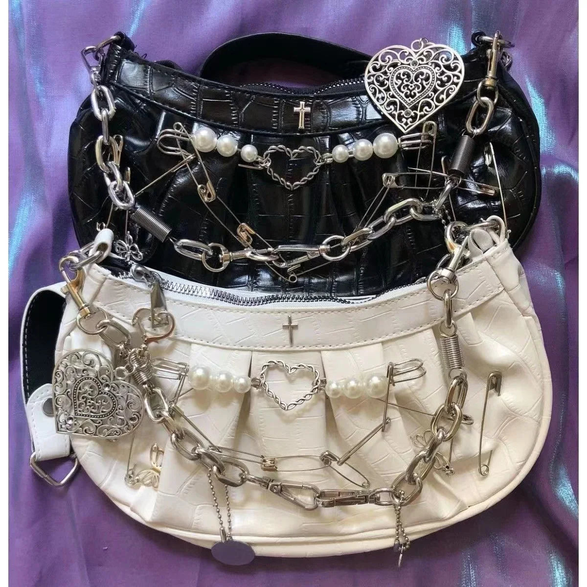 New Shoulder Bag Gothic Handbag Denim Grey Large Capacity Chain Wand Heart Shape Pearl Cross Pattern Diesel Bags Paper Clip