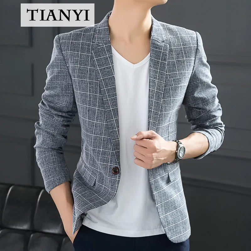 High-quality Men's Casual Suit Jacket Plaid Western Slim Fit Korean Fashion One-piece Suit Single-breasted Thin Handsome Jacket