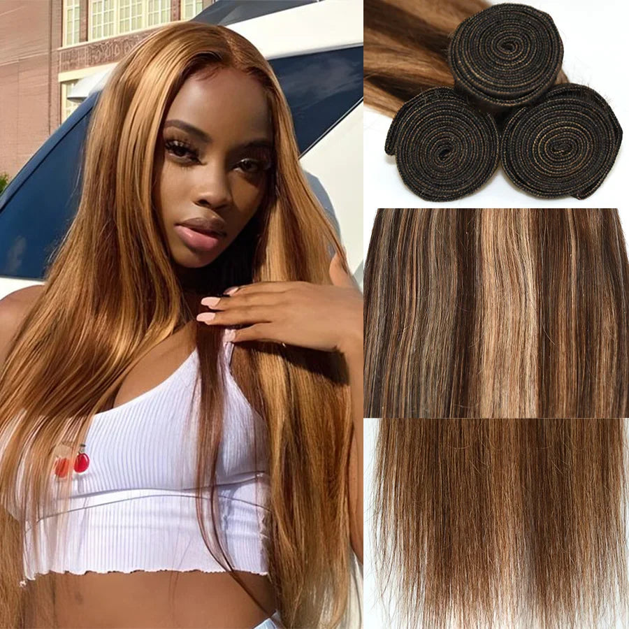 26 inch Highlight Bundles Brazilian Straight Human Hair Bundles 4/27 Honey Blonde Colored Brazilian Hair Weave Bundles 1/3/4 PCS