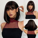 Brown Blonde Short Straight Synthetic Hair Wigs with Bangs for Women Golden Highlight Bob Wigs Cosplay Natural Heat Resistant