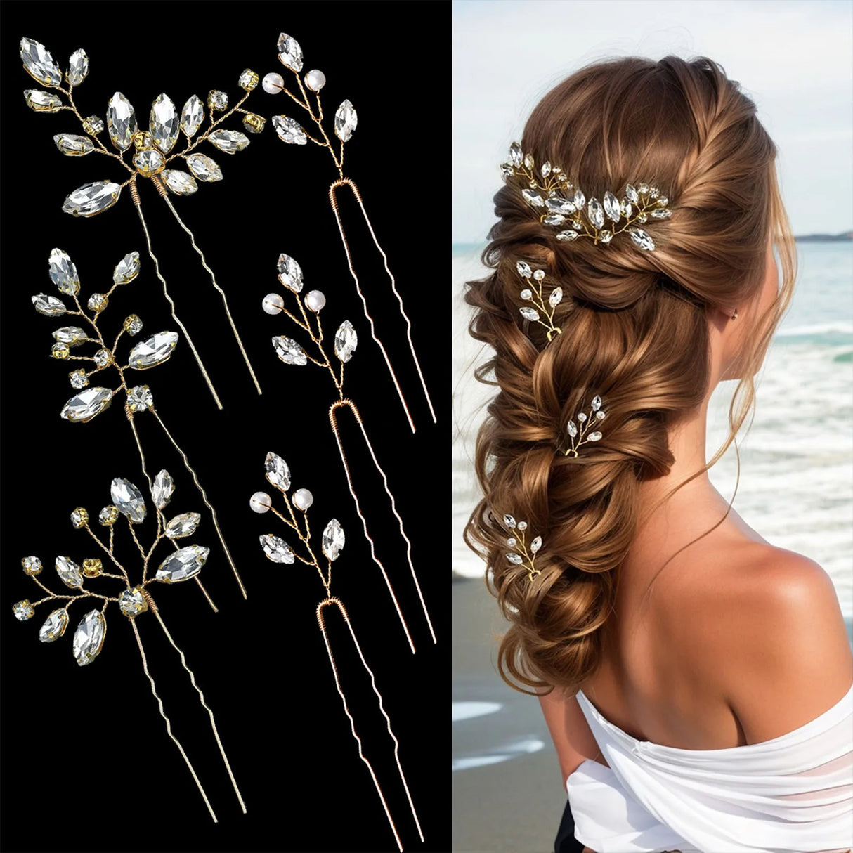 Pearl Flower Hairpin Side Comb Golden Leaf Shaped Alloy Tiaras Wedding Bride Insert Hair Clips Hair Jewelry Bride Headwear