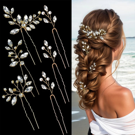 Pearl Flower Hairpin Side Comb Golden Leaf Shaped Alloy Tiaras Wedding Bride Insert Hair Clips Hair Jewelry Bride Headwear