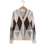 Plus Size Cardigan Women 2023 Spring Design Pocket Large Argyle Jumper V-Neck Long Sleeve Knit Sweater Oversize Curve Clothes