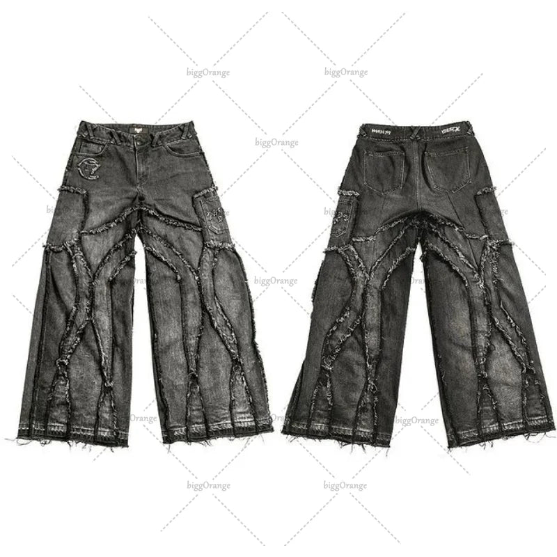 Y2k Streetwear Punk Loose Wash Jeans Ripped Rap Style West Coast Workwear American Plus Size Clothing Men's Mopping Pants