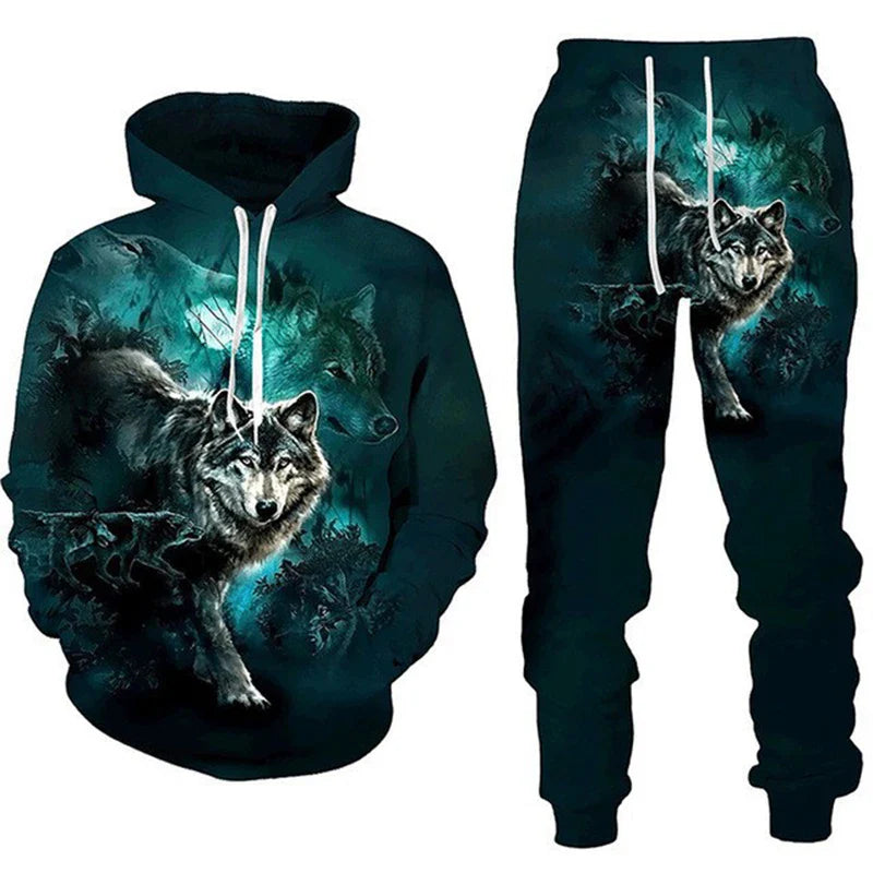 Men Tracksuit Set 3D Animal Fierce Wolf Printed Long Sleeve Hoodies Trousers Sports Suits Casual Streetwear Man Outfits Clothing