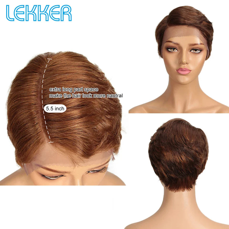 Lekker Short Pixie Bob T Part Lace Human Hair Wig For Women Natural Pre Plucked Glueless Ombre Burgundy Brazilian Remy 613 Wigs