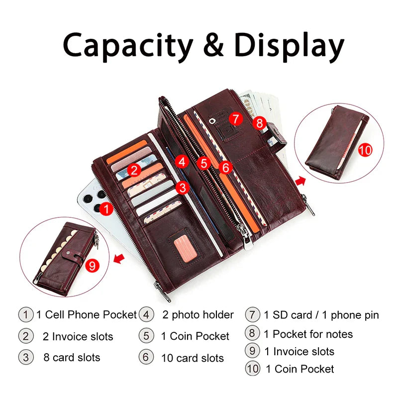 CONTACT'S Genuine Leather Long Women Wallets Luxury Designer Card Holder Coin Purse Money Clip Phone Pocket Unisex Men Wallets