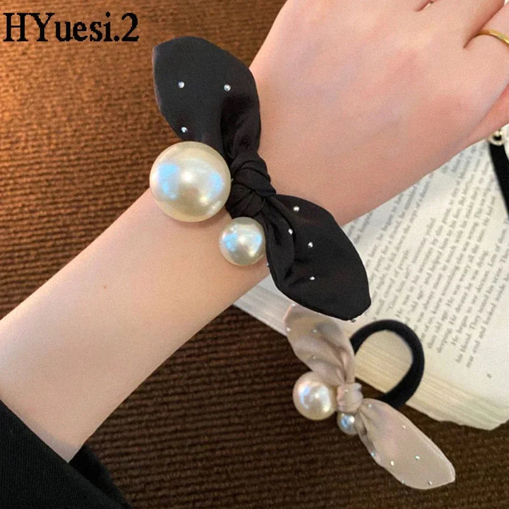 Fashion Seamless Black Hair Ties Rope Simple Pearl Beaded Ponytail Holders Rubber Band With Ribbon For Women Girls