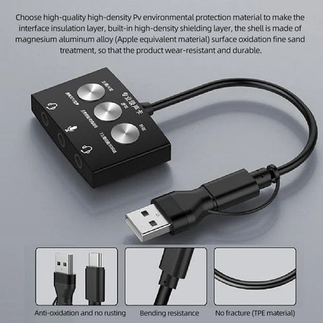 Type-C USB Sound Card Multifunctional USB Sound Card Adapter Aluminum Alloy for Phone Computer Live Game K Song Listening Song