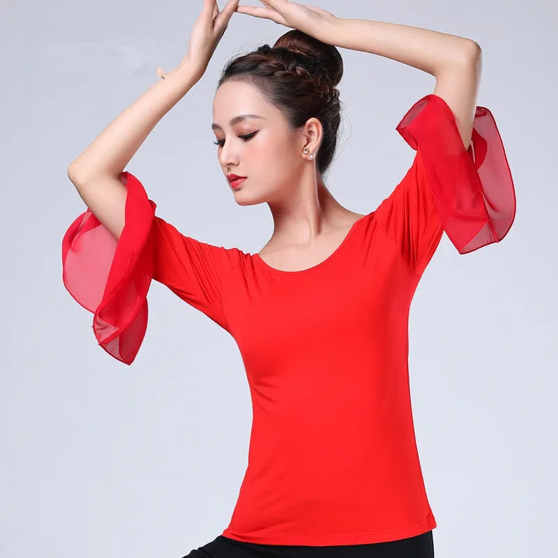 2023 NEW Autumn Half Sleeve Adult Women International Ballroom Costume Modern Latin Dance Top Lady Sexy Dancewear T-shirt