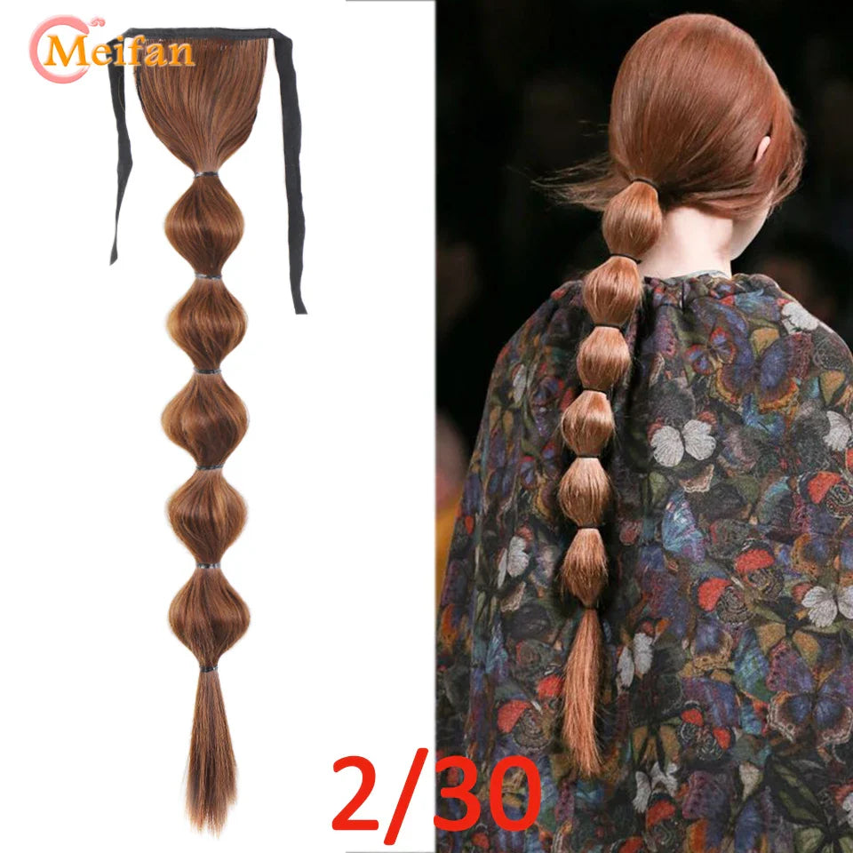 MEIFAN Synthetic Long Hair Lantern Bubble Ponytail Clip in Drawstring Brown Bubble Braids Natural Fake Pony Tail Hair Extensions