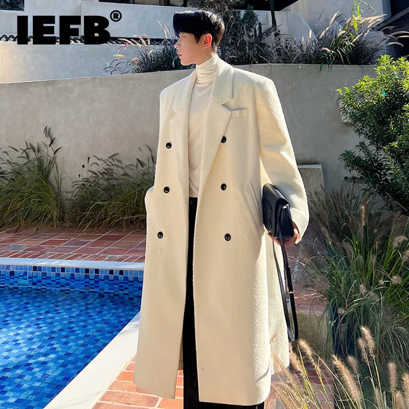 IEFB Men Woolen Coat Autumn Winter Korean Fashion Versatile Thickened Double Breasted 2023 Solid Color Male Trench Overknee