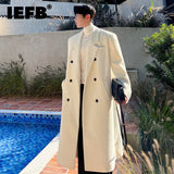 IEFB Men Woolen Coat Autumn Winter Korean Fashion Versatile Thickened Double Breasted 2023 Solid Color Male Trench Overknee