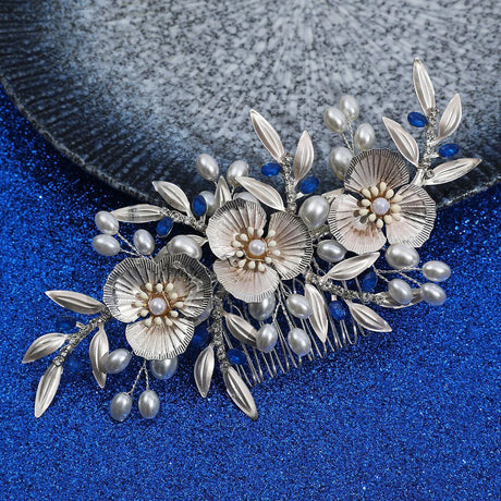 Flower Hair Comb Clip Pin Silver Color Head Piece For Brides Women Rhinestones Pearl Hairpin Wedding Accessories Bridal Jewelry