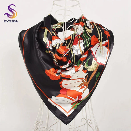 BYSIFA| Fall Winter Elegant Floral Design Scarves Shawls New Green Orange Square Silk Scarf 90*90cm Women Neck Head Scarf Hijab