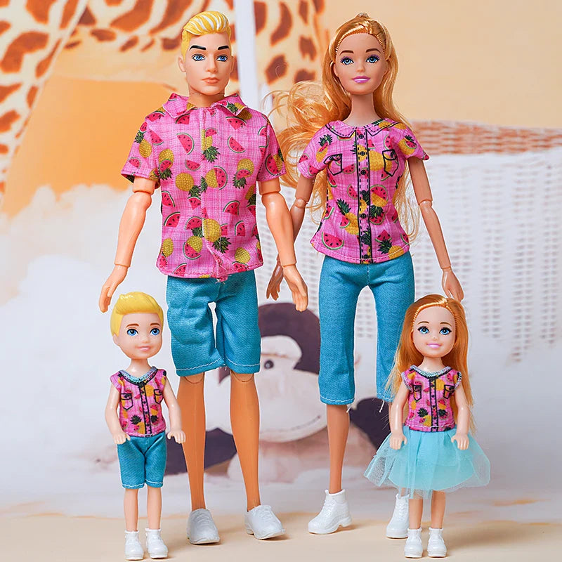 30cm Family Doll Movable Body Mom Dad Ken and Kids 4 Dolls Set 1/6 Barbies Doll Toy for Child Kids Education Birthday Gift