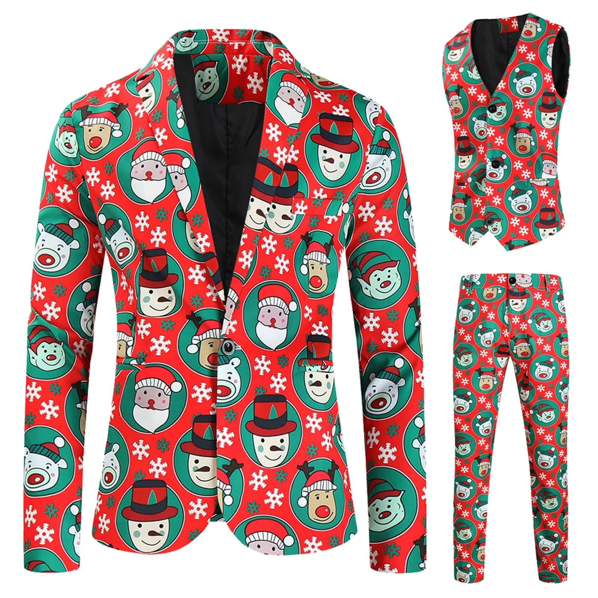 Mens Fashion Casual Suit Printed Christmas Jacket Pants Vest Three Set Of Men Suits Sets