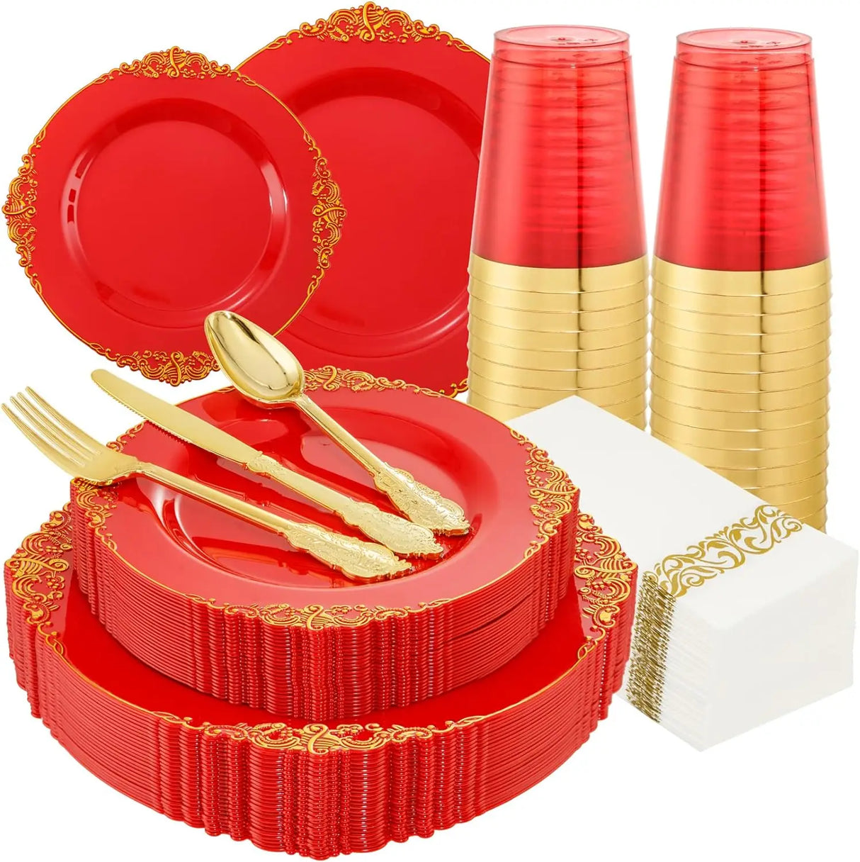 175pcs Plastic Plates- Disposable Plates include Dinner Plates,Dessert Plates, Forks,  Spoons,Knives,  Cups,Napkins