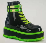 Punk Green Patent Leather Boots For Women Platform Faux Leather Ankle Boots Thick Bottom Fashion