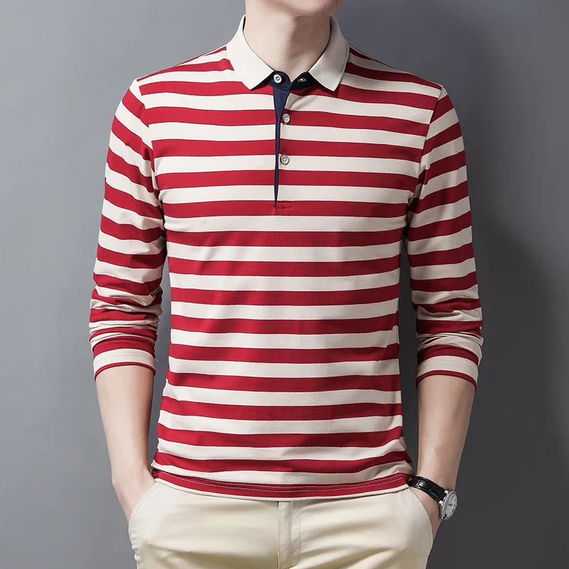 Cotton Spring And Autumn New Business Leisure Lapel Long Sleeve Stripe Contrast Youth T-shirt  5605