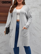 GIBSIE Plus Size Solid Rib Knit Open Front Cardigans Women Spring Autumn Casual Long Sleeve Korean Female Mid-Long Cardigan Coat