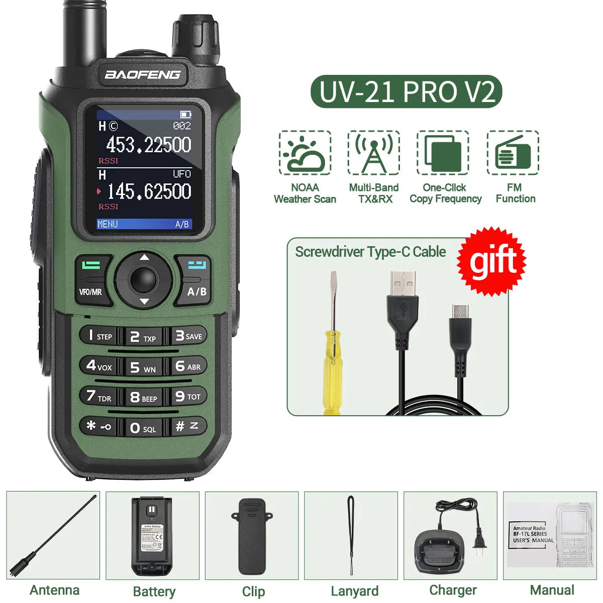 Baofeng UV-21 PRO V2 Walkie Talkie Wireless Copy Frequency 16 KM Long Range TYPE-C Two Way Radio Ham CB Radio UV-5R UV-17