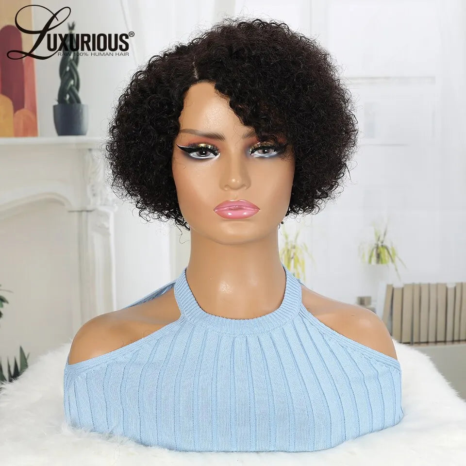 Brazilian Curly Human Hair Wigs With Bang Short Pixie Cut Bob Wig 150% Density Full Machine Made Wigs For Women