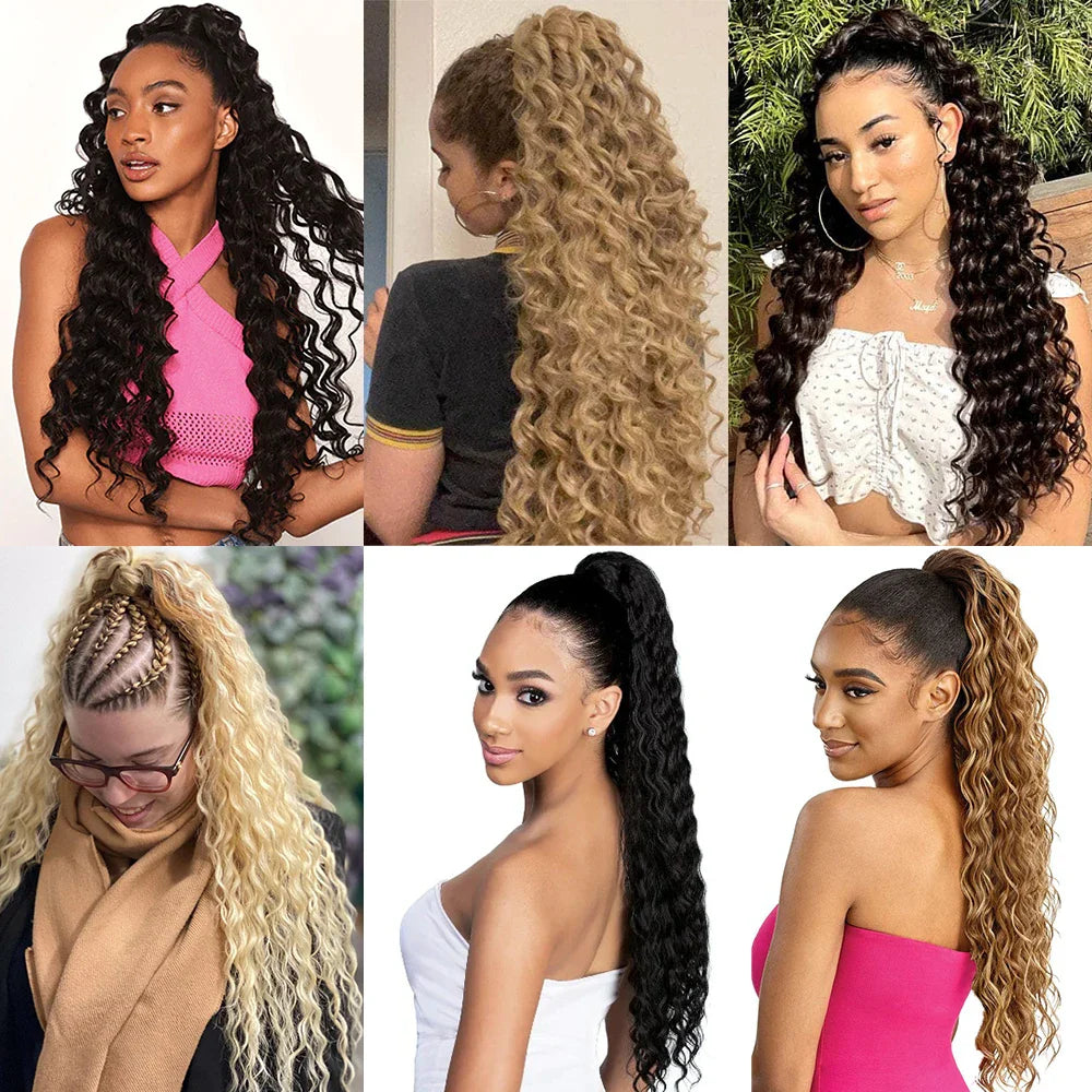 Synthetic Curly Ponytail Extensions Clip In Drawstring Ponytail Wig Long 26Inch Water Wave Afro Pony Tail Women Hairpiece False