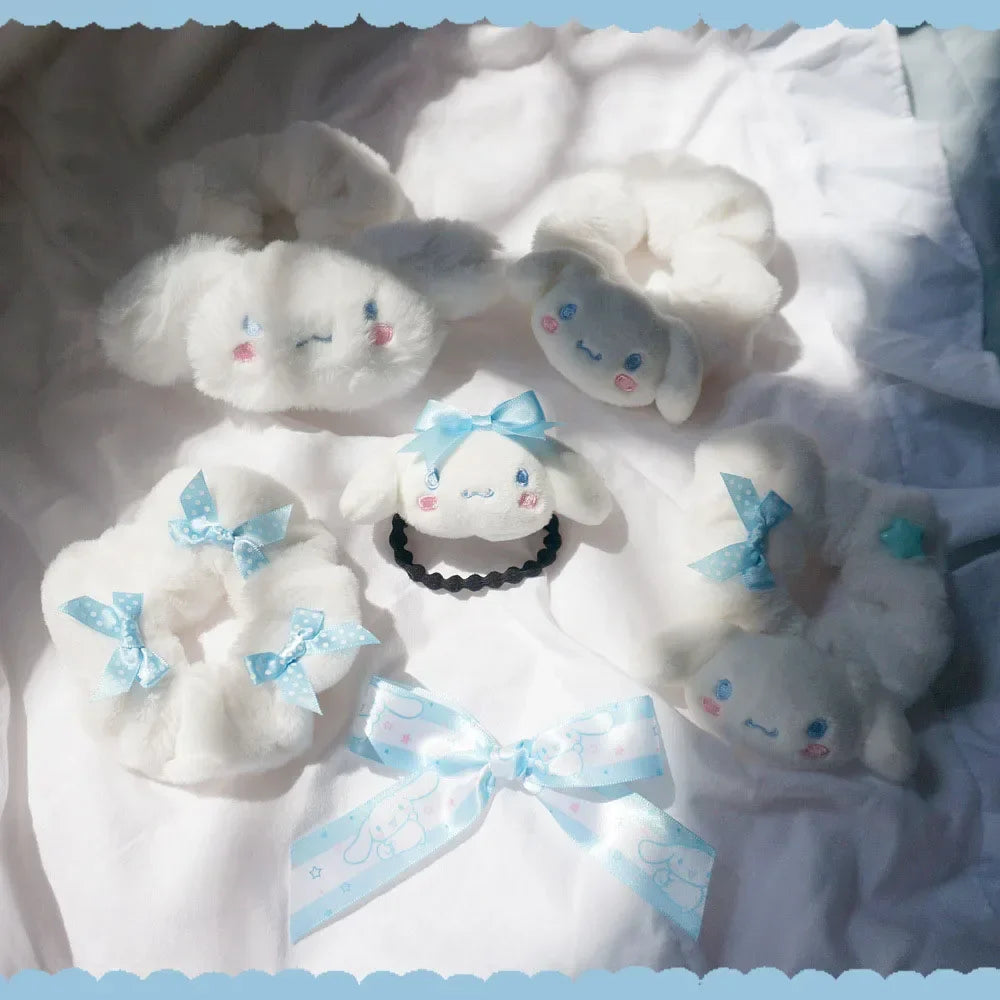 Kawaii Lolita Hairpin Cinnamoroll Sanrio Plush Cartoon Cute Hair Tie Bow Headwear Rubber Band Girls Jk Hair Ring Head Rope