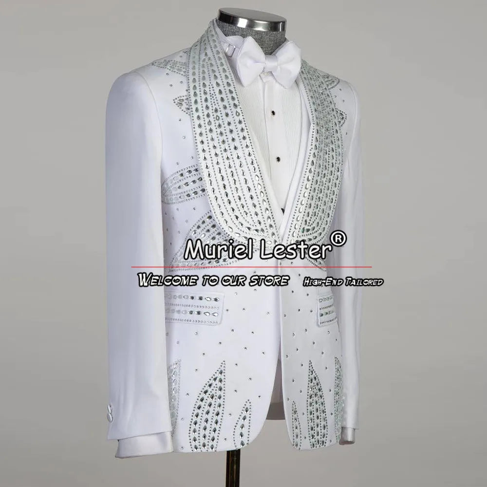 White Suits For Men Wedding Luxury Heavy Beading Blazer Formal Groom Wear Tuxedo 3 Pieces Male Fashion Banquet Prom Party Dress