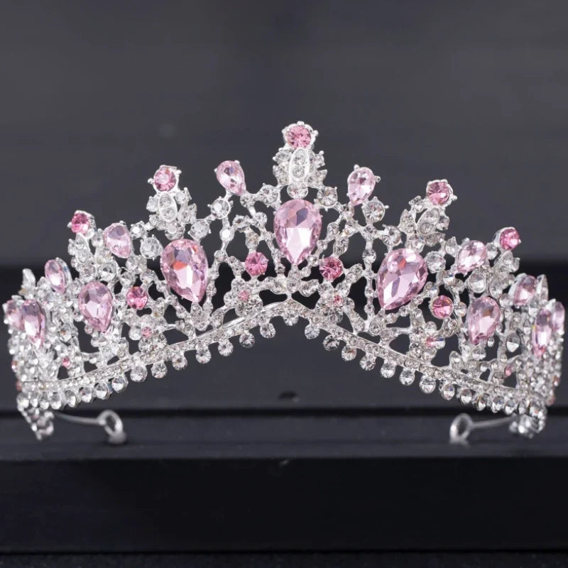 Pink Crystal Tiaras And Crowns For Women Bride Pink Rhinestone Prom Diadem Crown Tiara Bridal Wedding Hair Accessories Jewelry