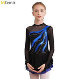 Figure Ice Skating Dress Kids Girls Long Sleeve Rhinestone Ballet Tutu Dance Dresses Gymnastics Leotards Performance Costume