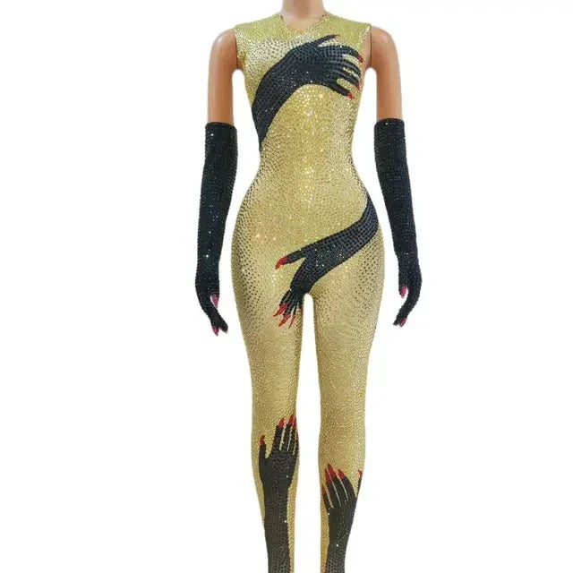 Black Hands Touch Shinny Body Sexy Women Jumpsuit Carnival Cosplay Female Bodysuit with Gloves Beyonce Dress Stage Wear