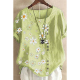 Plus Size Daisy-Print Cotton Linen Shirt Casual Summer Women O-Neck Short Sleeve Pullover Top Fashion Street Flower Blouse