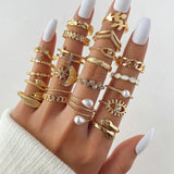 23pcs Hiphop Gold Color Geometric Wheat ear Rings Set For Women Girls Punk Star Moon Eye Wave Finger Rings Jewelry Party Gifts