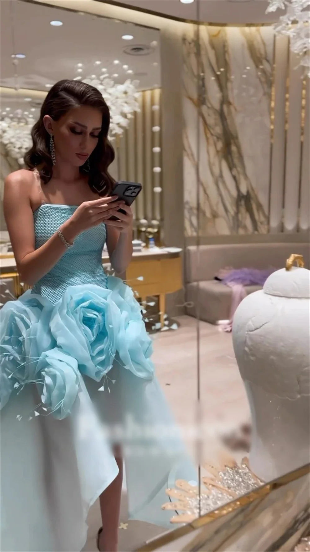 Exquisite Strapless Ball Gown Hi-Lo Prom Dresses Flower Organza Formal Occasion  فساتين سهره نسائيه فخمةفستان سهرهجديد في فس