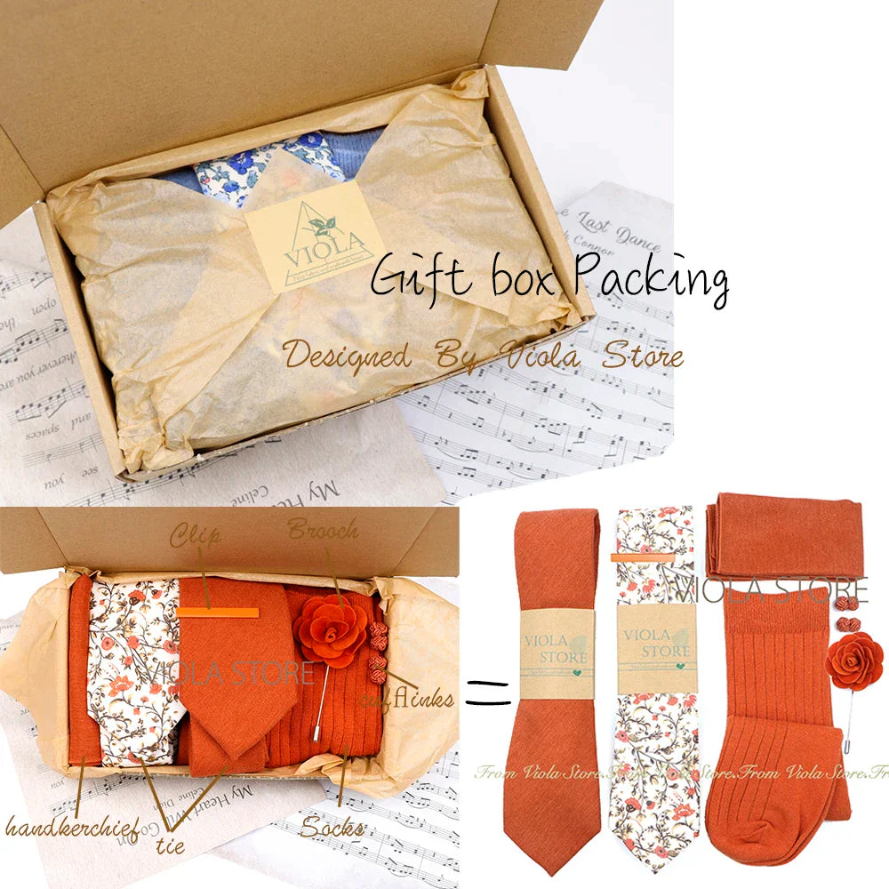 Viola Design Gift Box Hot Solid Floral Cotton Sock Necktie Set Clip Cufflinks Pin Hanky Men Wedding Party Daily Cravat Accessory