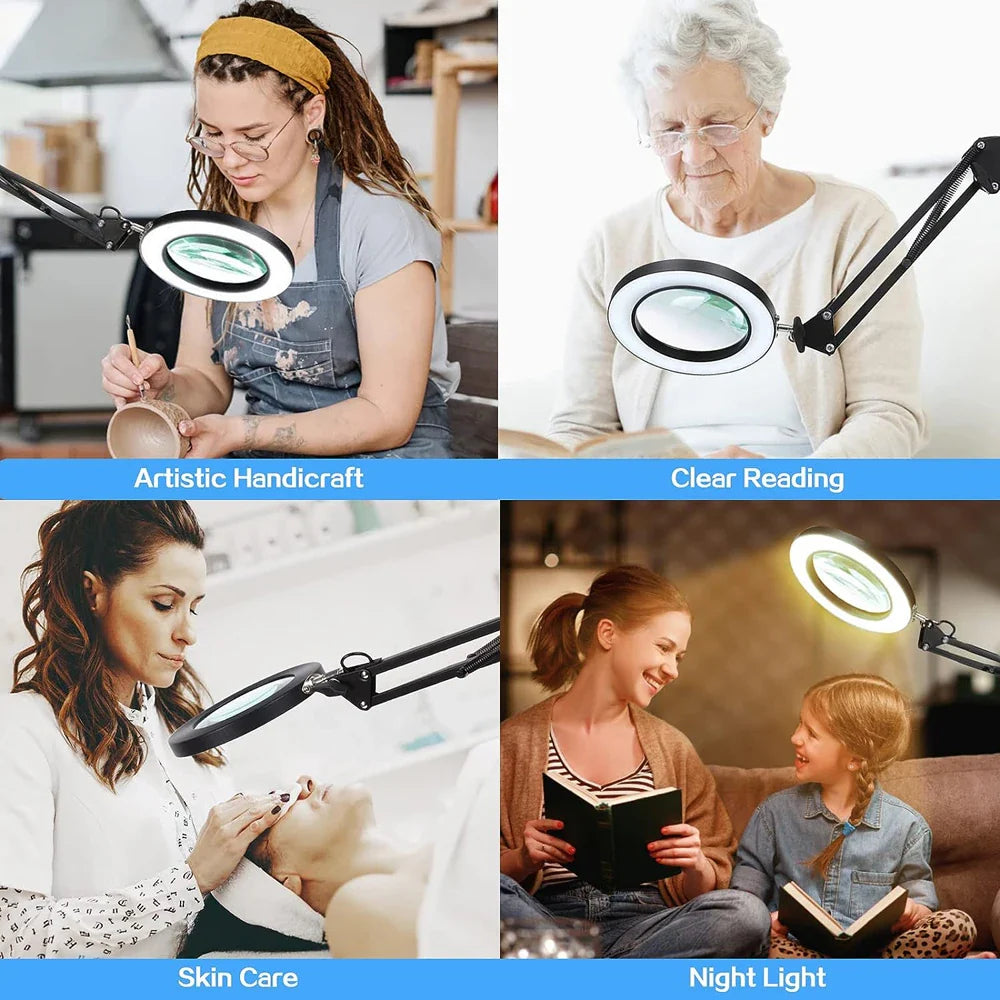 8X LED Magnifying Glass 3 Colour Modes 10 Levels Magnifier Lamp Diameter Glass Adjustable Swivel Arm for Reading Repair Crafts