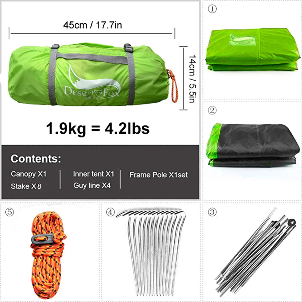 Desert&Fox Backpacking Tent 2 Person Aluminum Pole Lightweight Camping Tent Double Layer Portable Handbag for Hiking Travelling