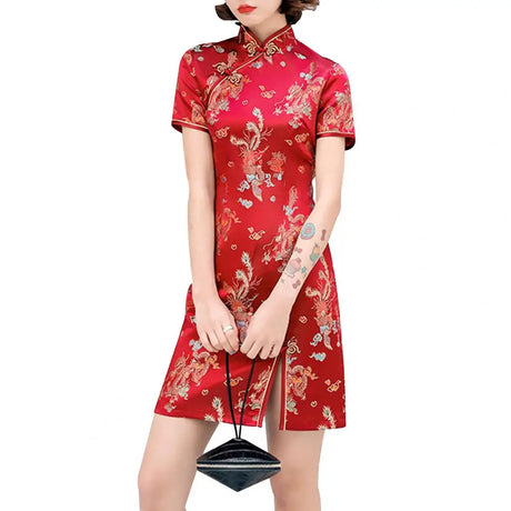 Mandarin Collar Short Sleeve Disc Buckles Women Dragon Phoenix Print Chinese Style Mini Qipao Dress for Stage Performance